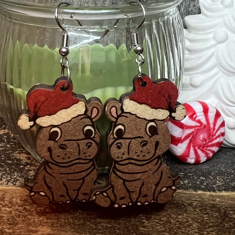 Cute Hippo Earrings with Santa Hat